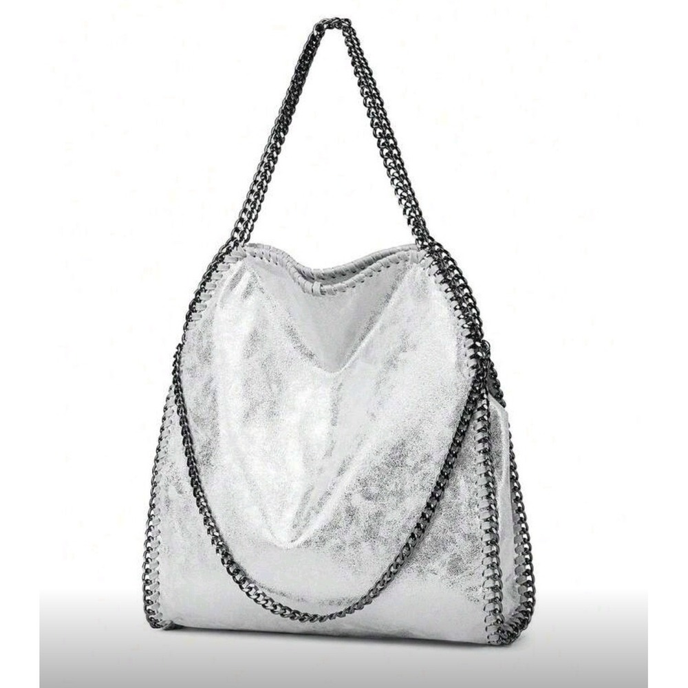 Silver Metallic Tote Bag Chain Trim Shoulder Bag Unbranded